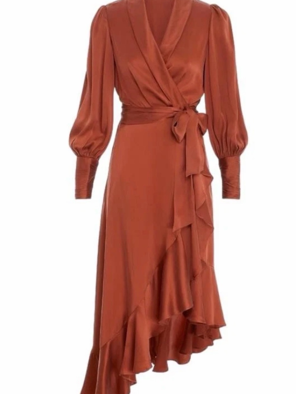Zimmermann Rust Wrap Satin Midi Dress with Ruffle Asymmetry